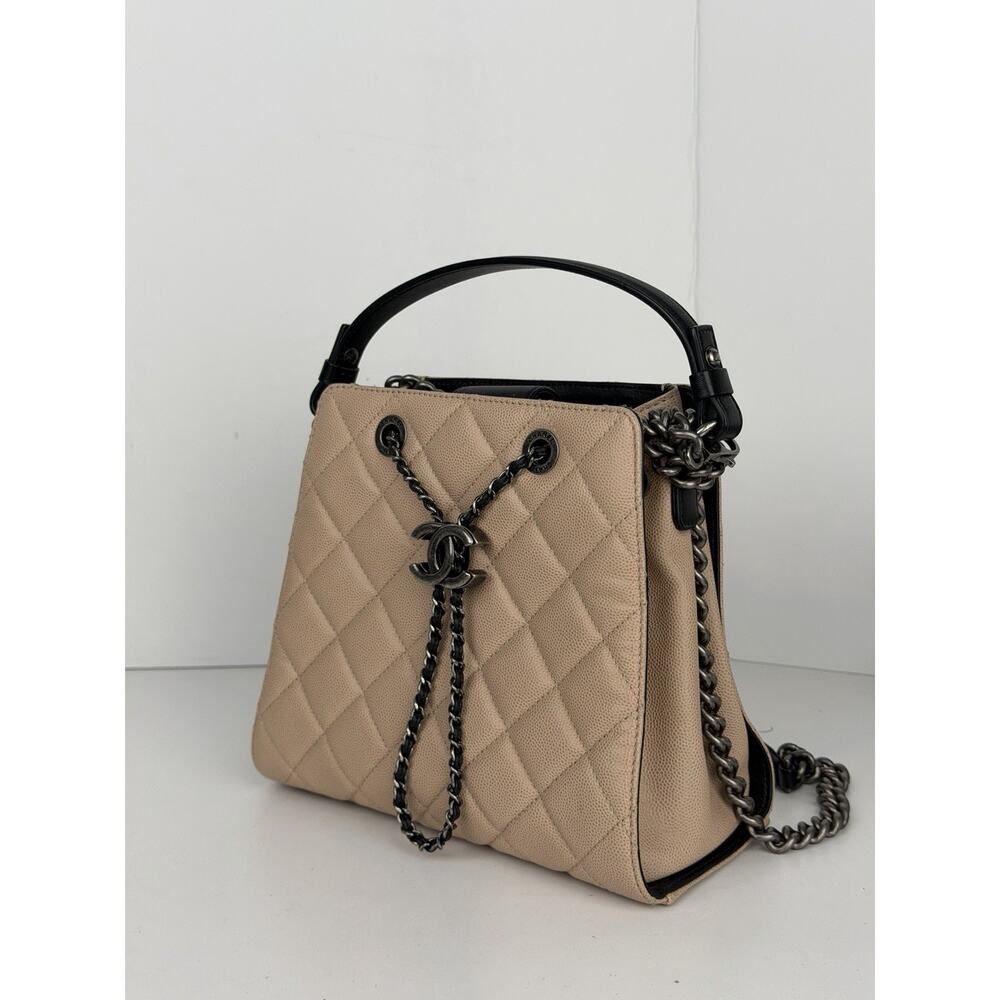 Chanel Quilted Caviar Leather Small Drawstring Bucket Bag Beige (2015-2016) D6